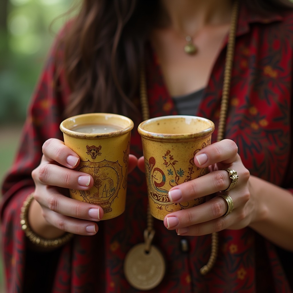 Hippie woman in the jungle holding two artisan cups of ayahuasca