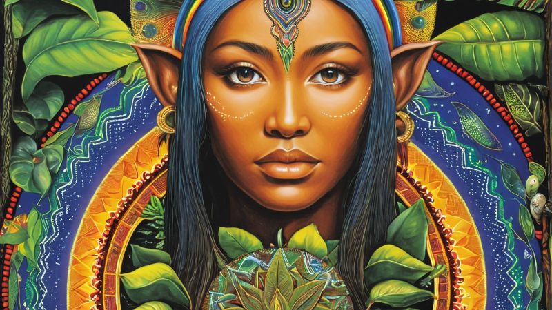 Semi-animated woman in a jungle with psychedelic visuals, symbolizing the spiritual and introspective journey of ayahuasca.