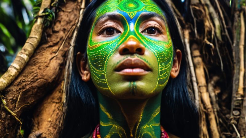 Indigenous woman in the jungle with ceremonial green face paint