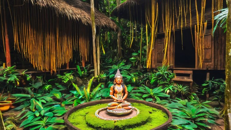 Indigenous shaman conducting a sacred ayahuasca ceremony in the Amazon jungle, surrounded by participants.