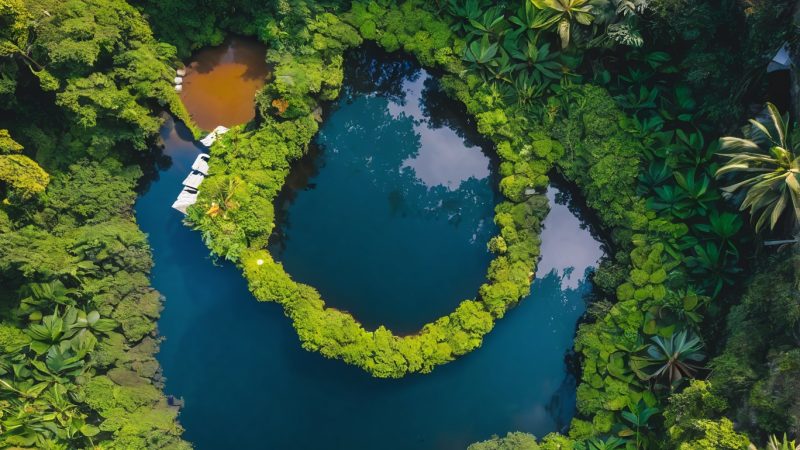 A peaceful ayahuasca retreat nestled in the Costa Rican jungle, with a serene river flowing nearby.