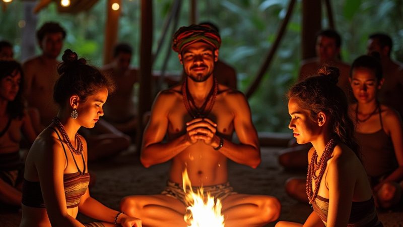Ayahuasca ceremony with participants seated around a fire in a jungle, guided by a shaman.