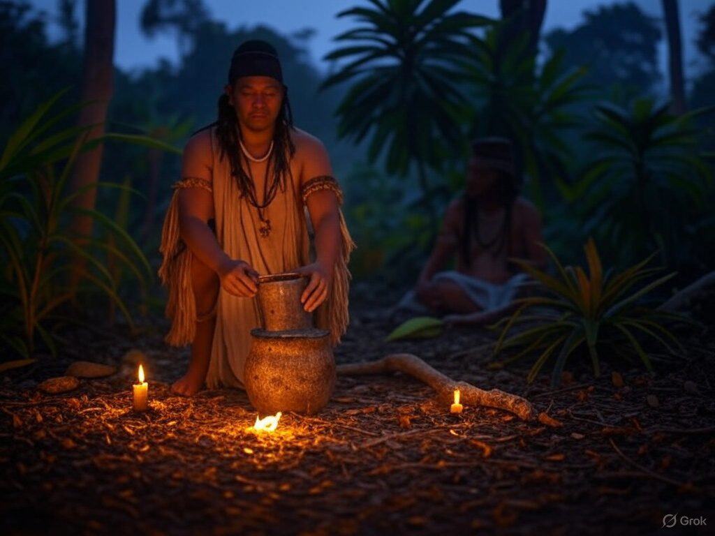 Ayahuasca ritual with shaman in lush jungle setting at dusk.