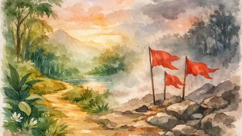 Peaceful outdoor retreat scene with flags and lush greenery.