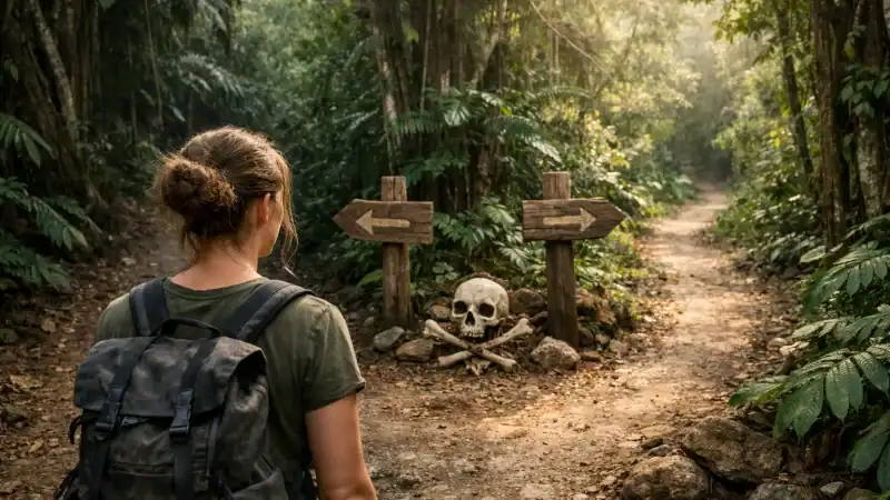Woman in forest looking at skull and signposts on trail, symbolizing caution.