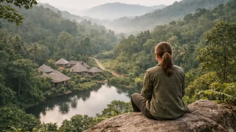 Woman meditating on a rock overlooking lush jungle and river in a peaceful retreat setting.