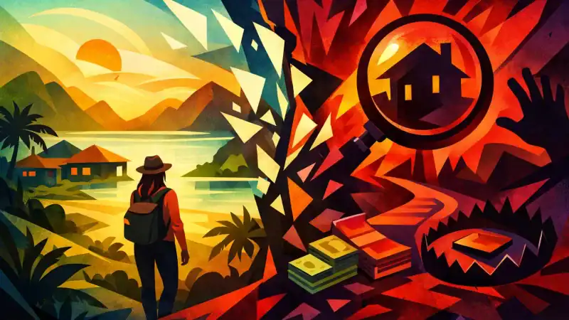 Woman exploring a scenic landscape with a magnifying glass over a house icon, highlighting retreat f.