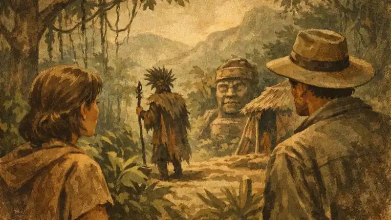 Ancient shaman statues and explorers in a lush jungle setting.