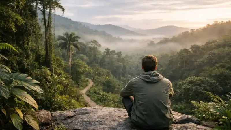 Peaceful person meditating in lush rainforest for spiritual growth and relaxation.