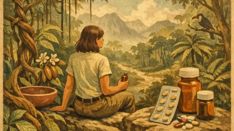 Ayahuasca medication interactions guide illustration with a woman in a lush jungle setting.