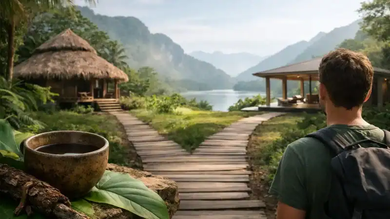 Ayahuasca retreat location in lush jungle with traditional huts and scenic river views. Perfect for.