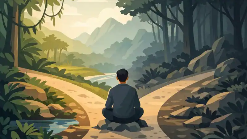 Person meditating in lush forest during ayahuasca retreat in nature.