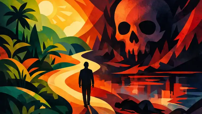 Surreal jungle landscape with a skull and sunset backdrop.