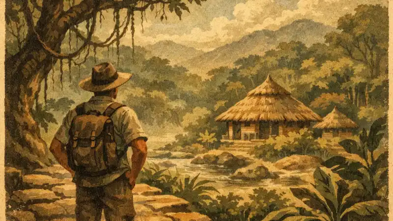 Peaceful jungle landscape with a traveler exploring nature.