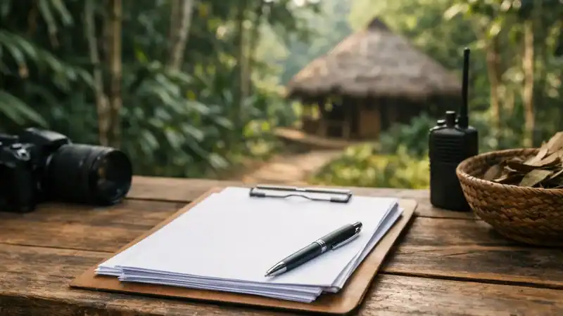 Wooden desk with notepad, pen, walkie-talkie, and camera in lush jungle setting.