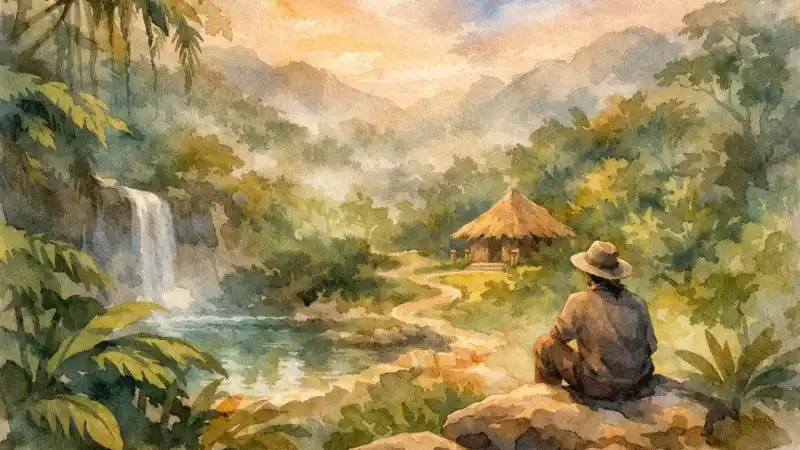 Peaceful jungle setting with a person meditating near a waterfall and lush greenery, ideal for ayahu.