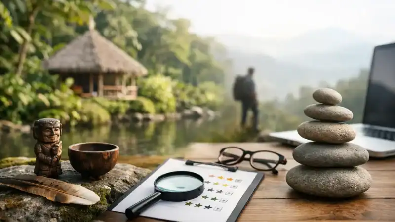 Relaxing retreat setting with stones, journal, and nature view.