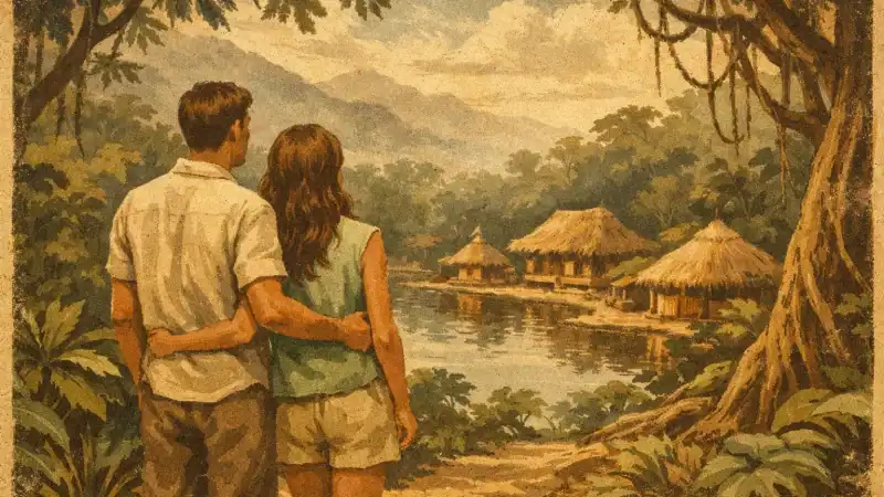 Couple enjoying a peaceful retreat in lush jungle surroundings.