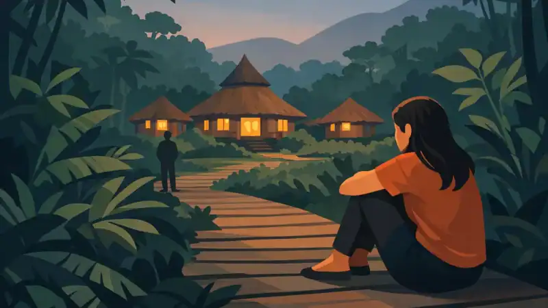 Serene woman sitting alone on a wooden path at a peaceful retreat center surrounded by lush jungle.