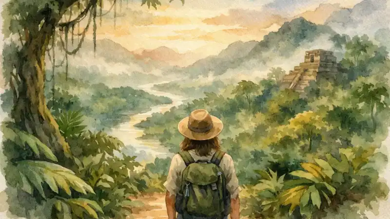 Person with backpack exploring lush jungle landscape for ayahuasca travel preparations.
