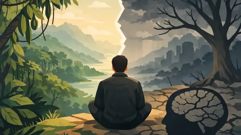 Person meditating between lush forest and urban decay, symbolizing mental health and psychedelic exp.