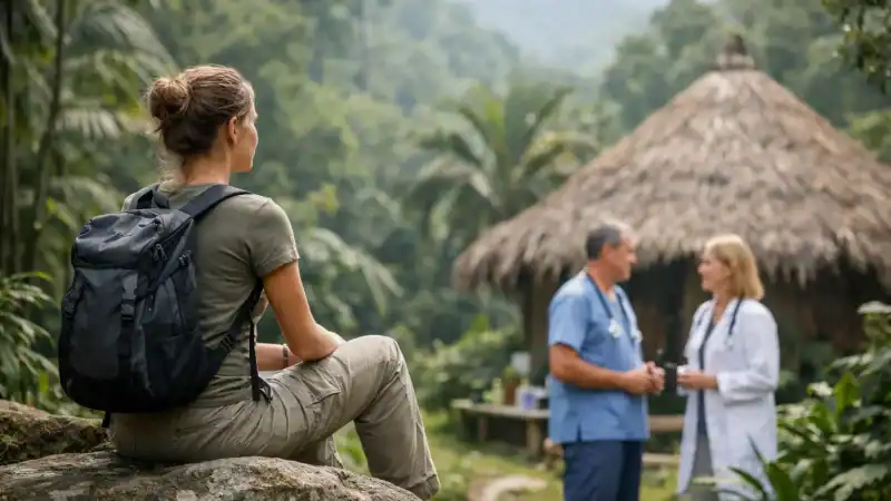 Medical staff at a healing retreat in lush jungle environment.