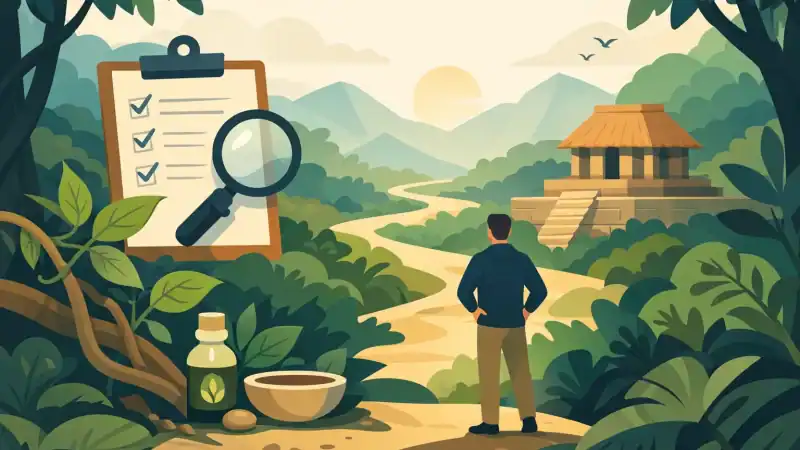 Person exploring a lush jungle with a temple, symbolizing retreat and spiritual growth.