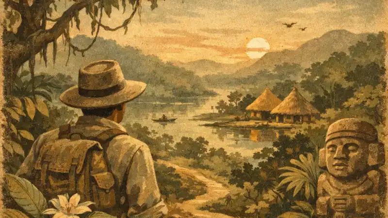 Serene jungle landscape with a person observing ancient statues and lush greenery, ideal for spiritu.