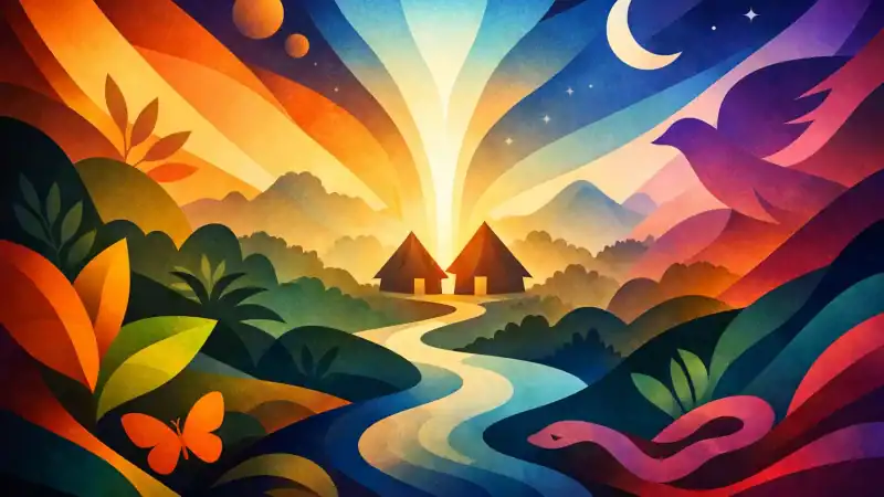 Vibrant illustration of a tranquil retreat with nature, river, and night sky, ideal for safe ayahuas.