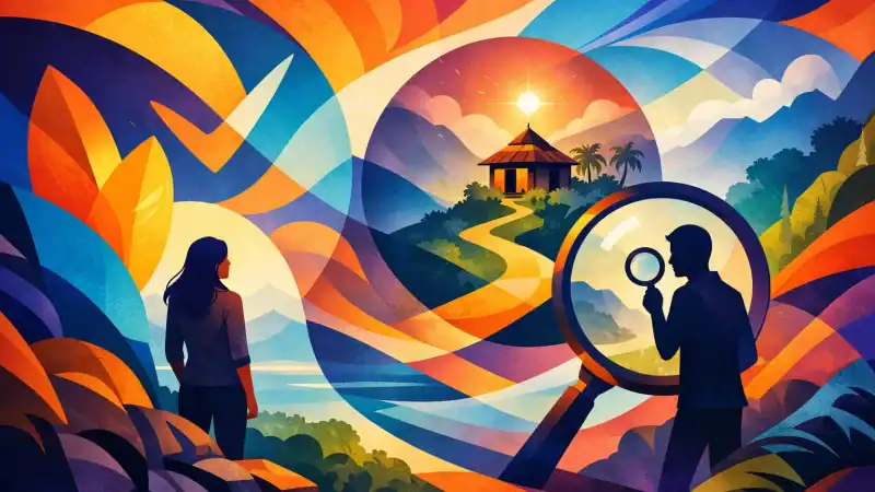 Illustration of verifying retreat facilitators with magnifying glass and scenic background.
