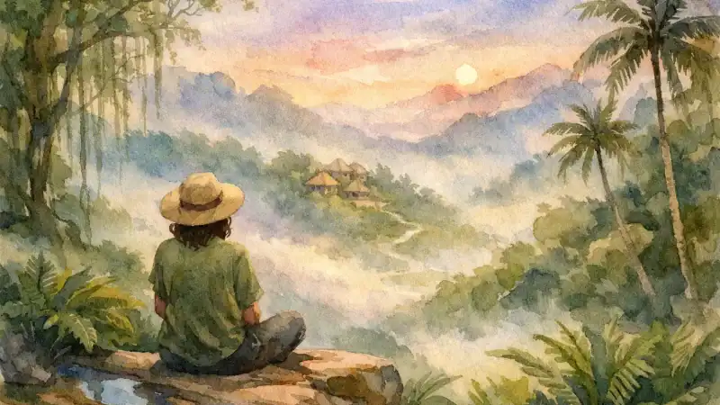 Person meditating in lush jungle landscape at sunset for wellness retreat.