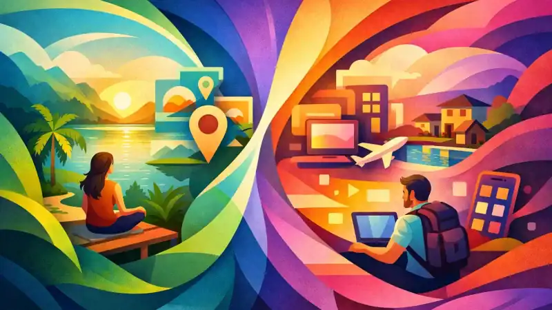 An illustration comparing retreat experiences with online booking platforms, highlighting the differ.