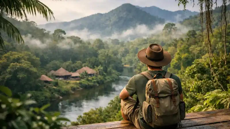 Solo traveler enjoying nature during an Ayahuasca retreat in lush jungle setting.