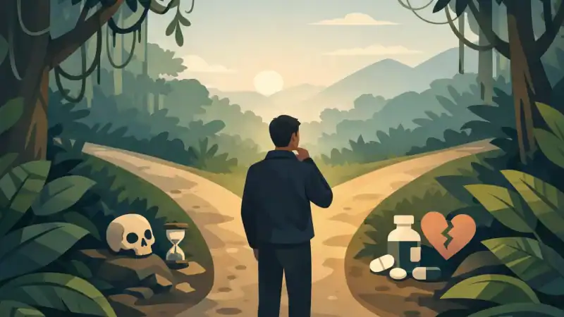 Man contemplating in a forest with symbols of health and caution nearby.