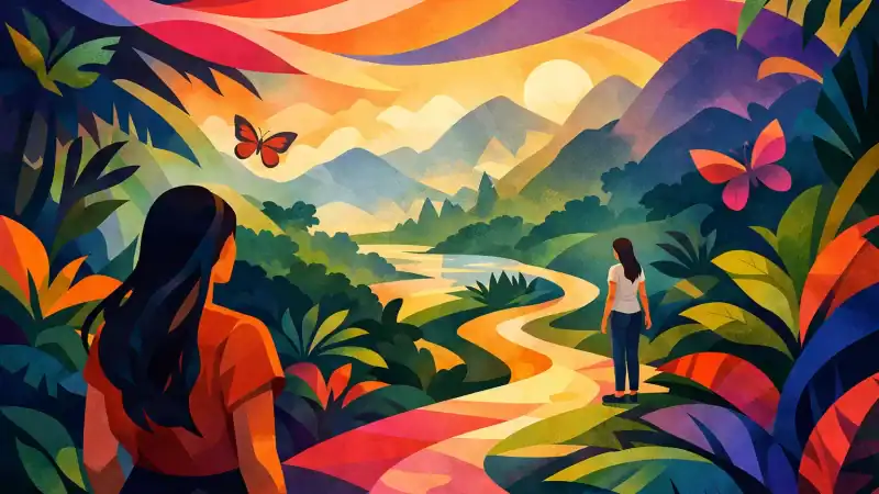 Woman enjoying a peaceful jungle landscape at a retreat.