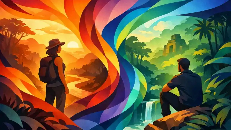 Two travelers in a vibrant jungle landscape with waterfalls and lush greenery, perfect for eco-frien.