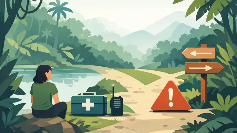 Peaceful jungle retreat scene with safety warning and directional signs in lush tropical environment.