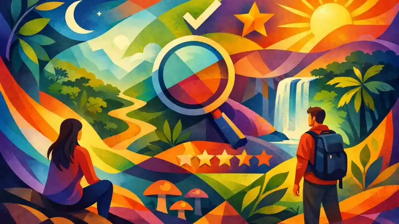 Vibrant illustration of a nature retreat with hikers exploring scenic landscapes and waterfalls.