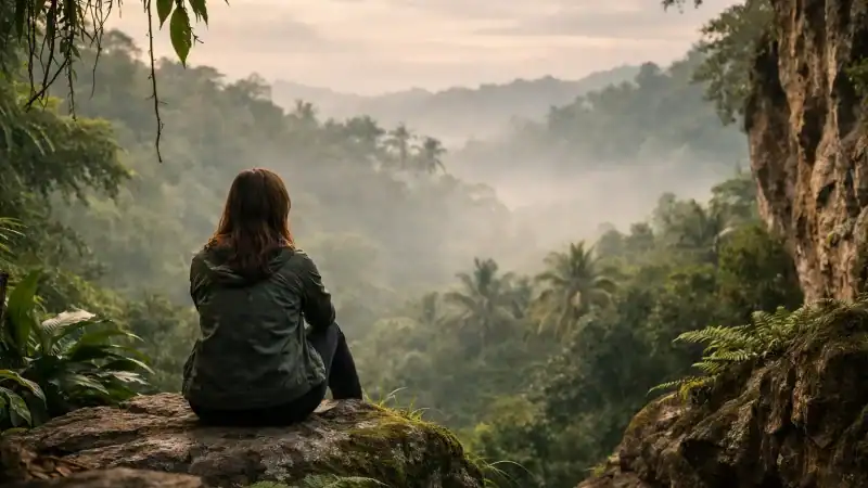 Serene jungle retreat featuring a woman sitting on rocks overlooking lush mountains and misty forest.