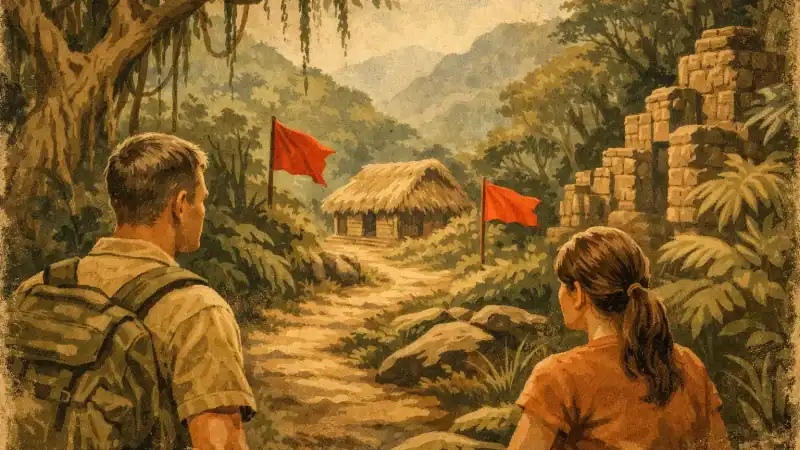 Jungle retreat scene with two travelers exploring ancient ruins and lush greenery.