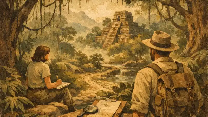 Mayan ruins in lush jungle with explorers, ancient stone structures, and dense greenery.