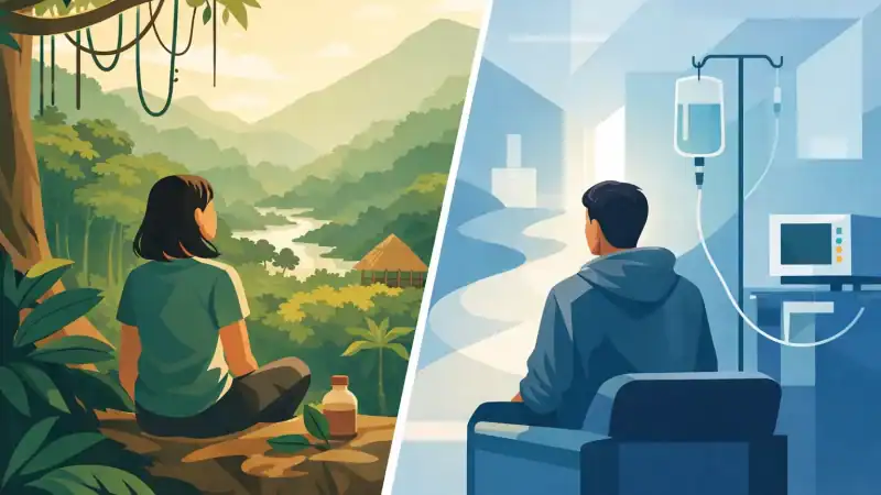 Woman meditating in lush jungle setting and patient in hospital room for health recovery.