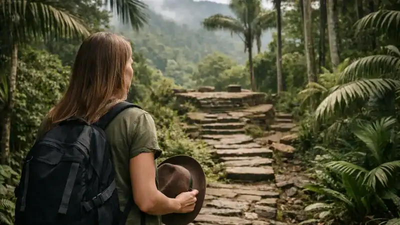 Woman with backpack and hat exploring lush jungle trail in tropical rainforest.