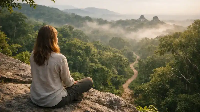 Woman sitting peacefully on a rock overlooking a misty tropical forest landscape.
