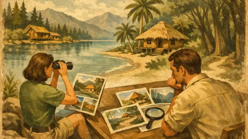 Two people planning a tropical retreat with photos and maps by a serene river.