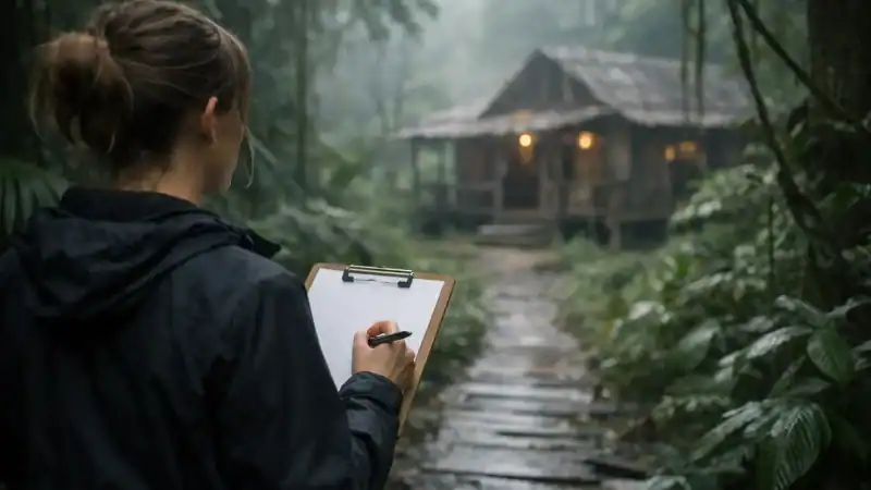 Woman writing on a clipboard in a lush forest with a cozy cabin in the background.