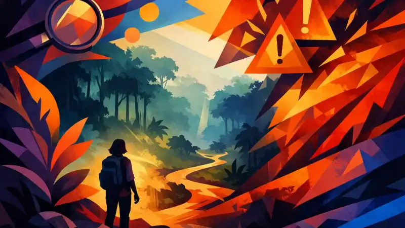 Person in forest with warning signs, researching Ayahuasca incidents.