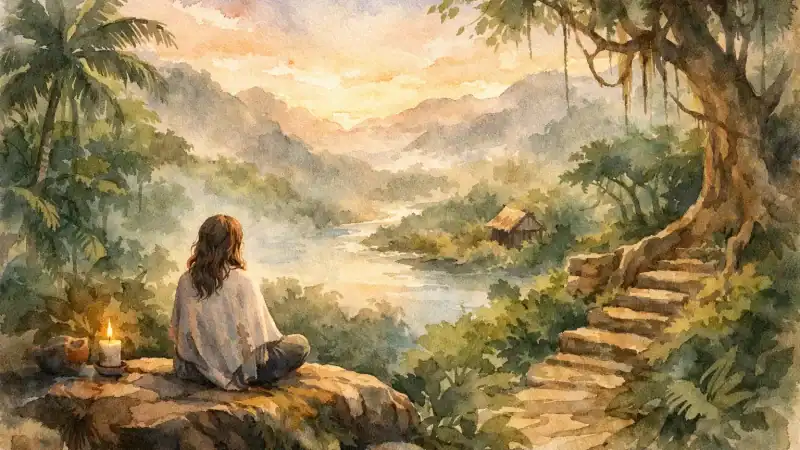 Peaceful woman meditating by a river in lush jungle setting.