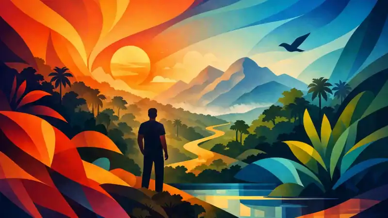 Vibrant tropical sunset over lush mountains and river, perfect for wellness retreats and nature esca.