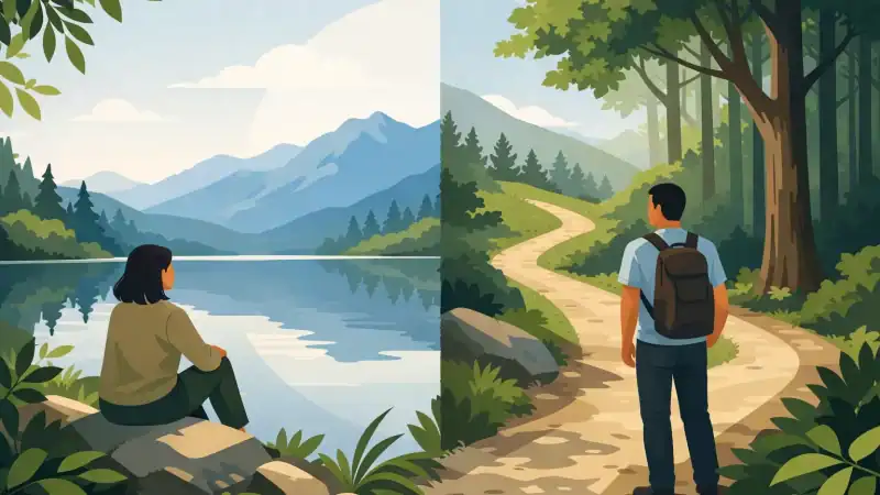 Tranquil lakeside and forest hiking scenes for nature retreat enthusiasts.